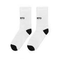 VIRENTO Minimal Logo Crew Socks — Padded White Athletic Socks with Black Heel & Toe