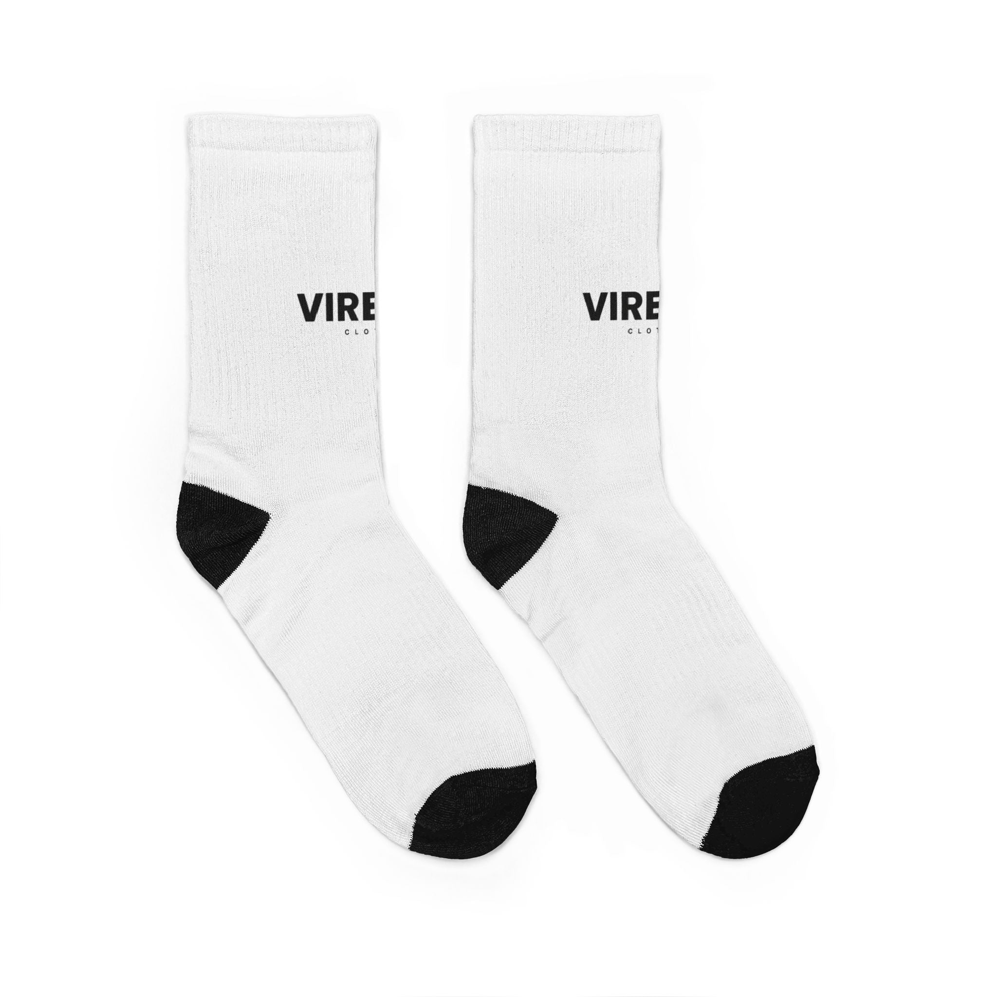 VIRENTO Minimal Logo Crew Socks — Padded White Athletic Socks with Black Heel & Toe
